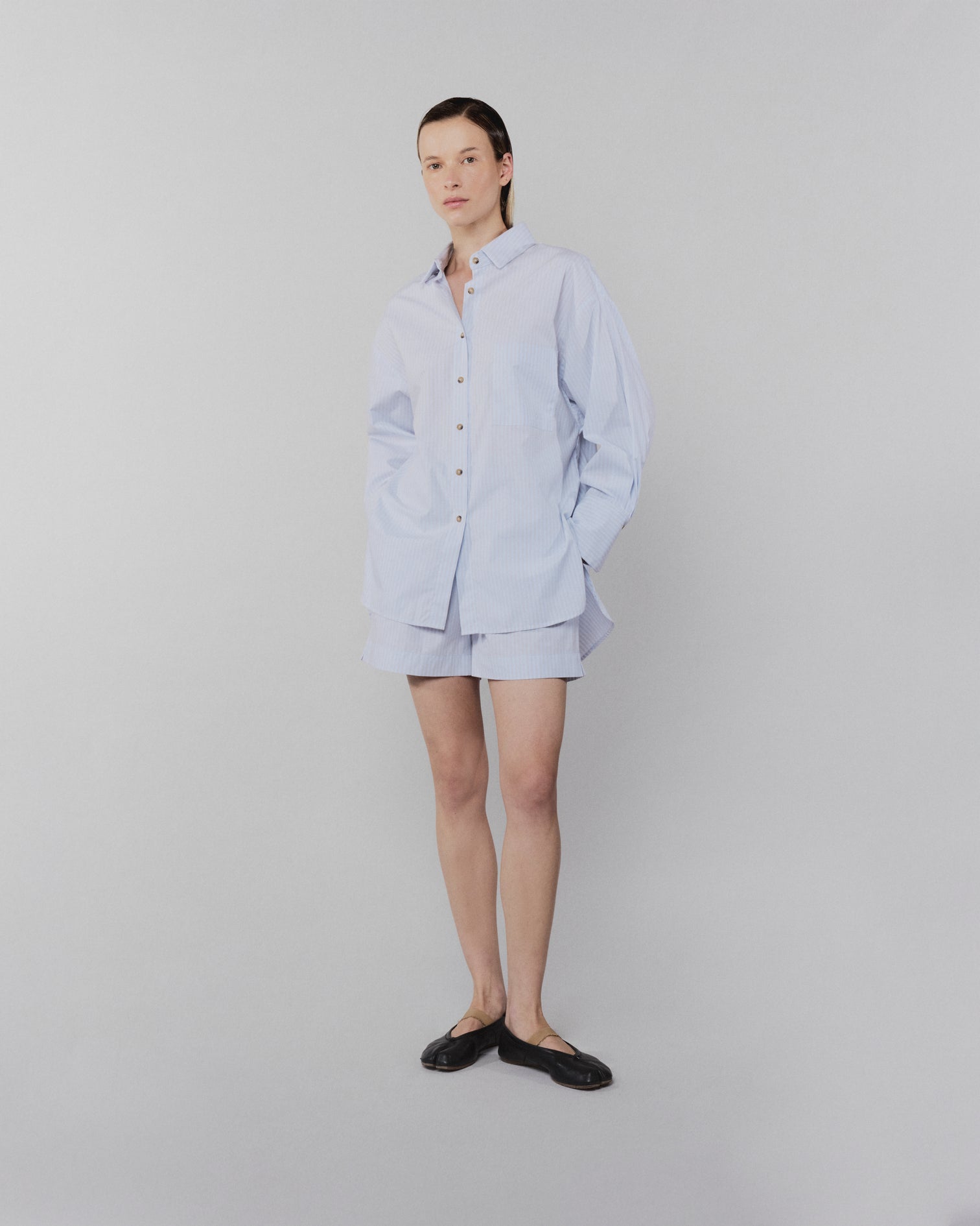 0018 Classic Boxer Celeste con Líneas Beige