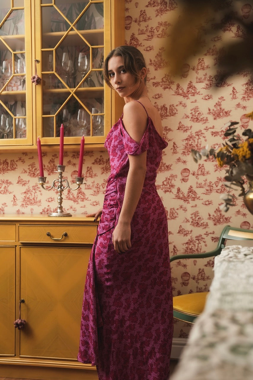 Vestido Liria Gasa Flor Magenta