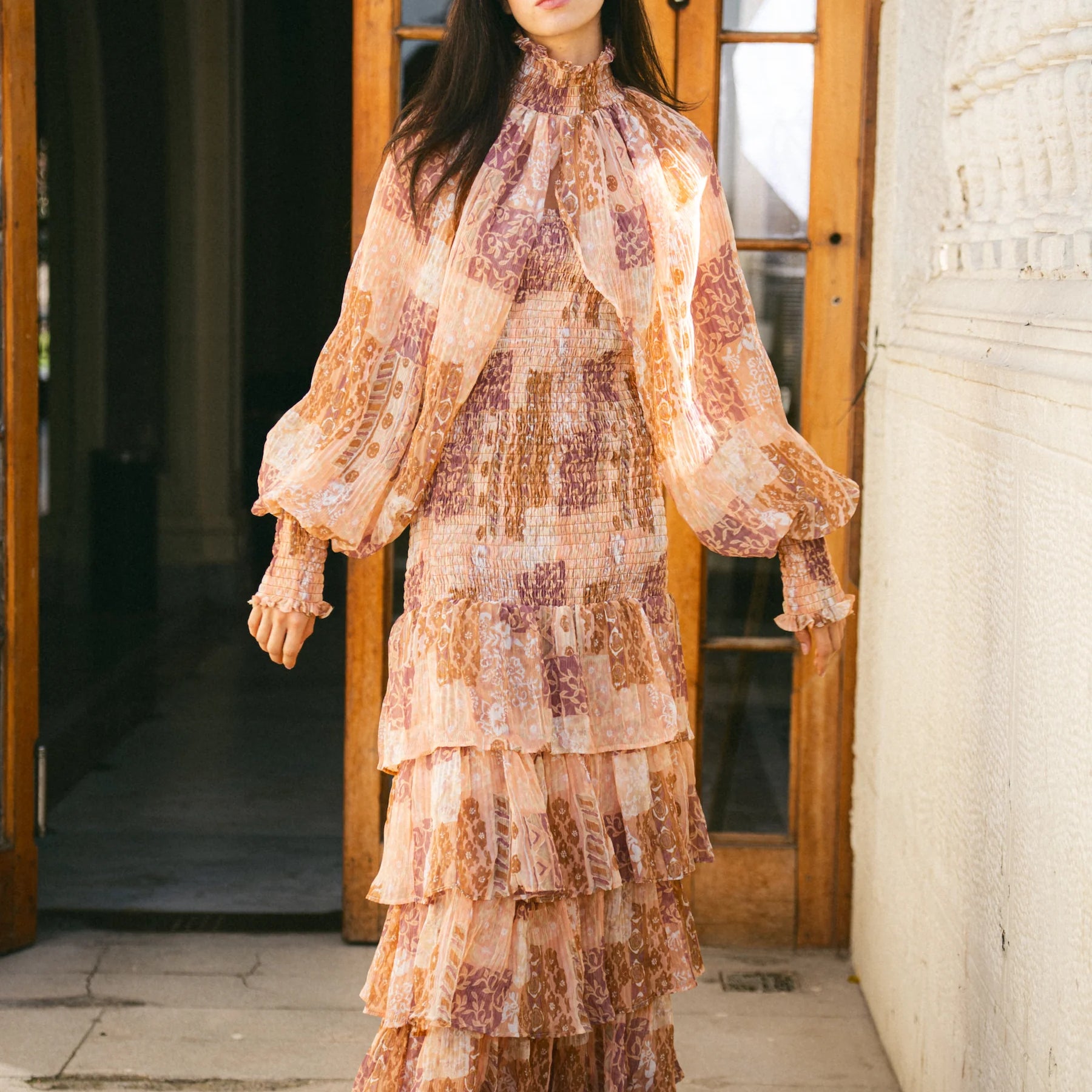 Vestido Panal Carmen Manguitas Peach Plisado