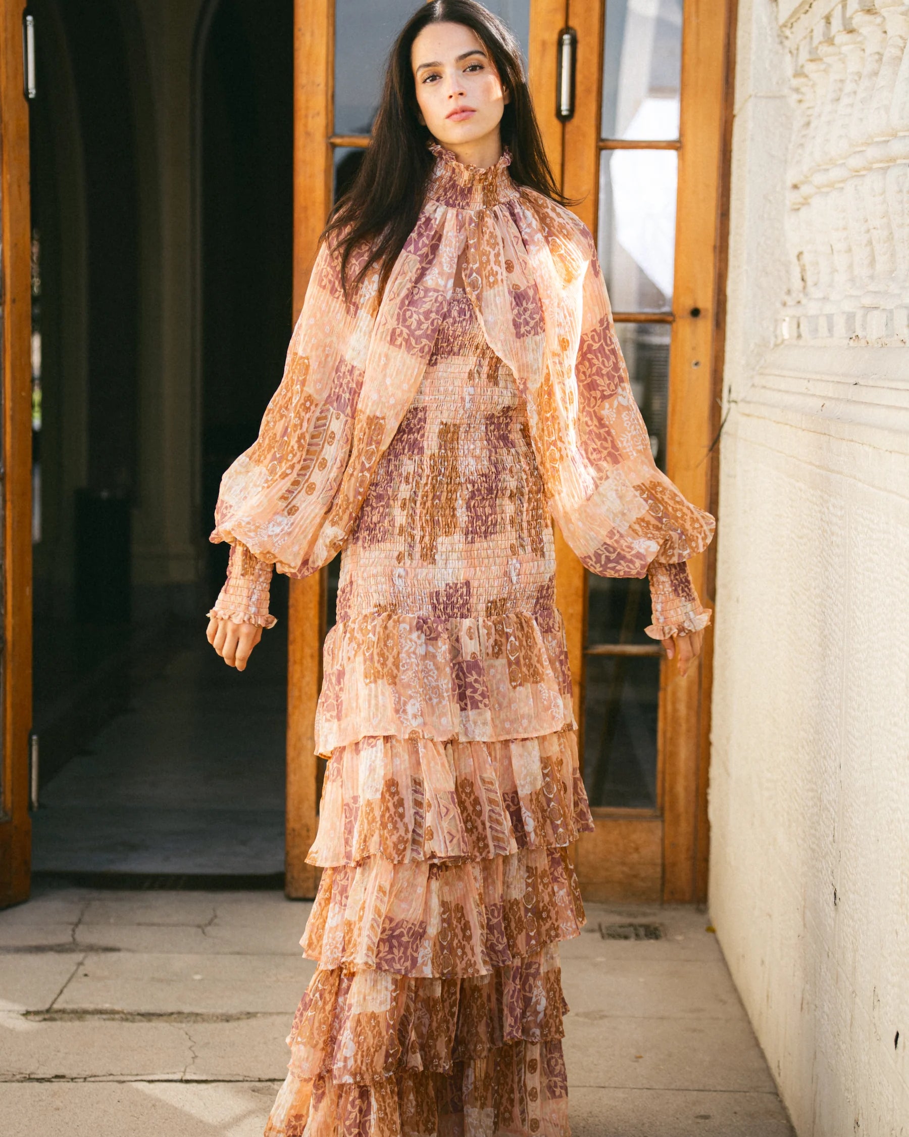 Vestido Panal Carmen Manguitas Peach Plisado