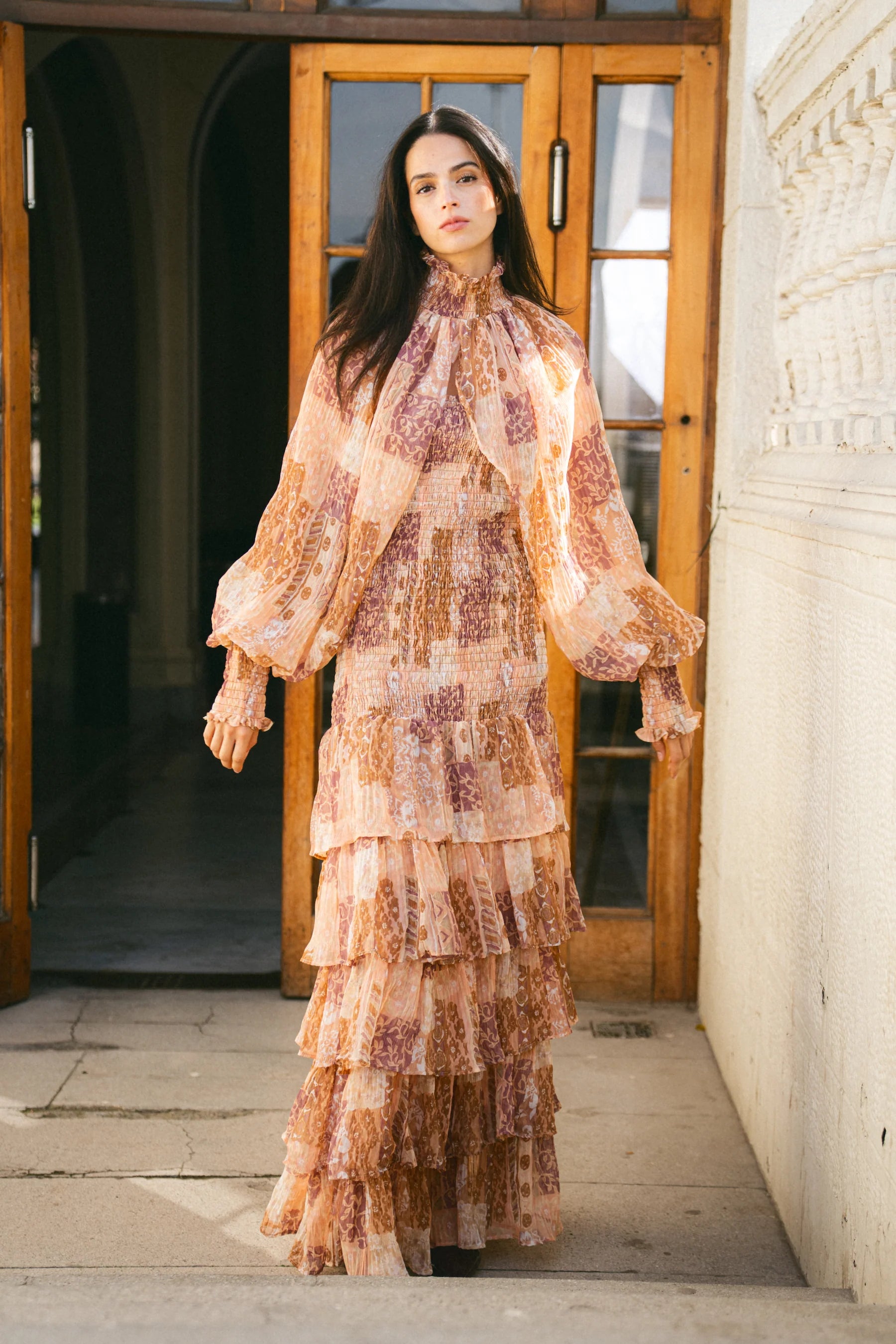 Vestido Panal Carmen Manguitas Peach Plisado