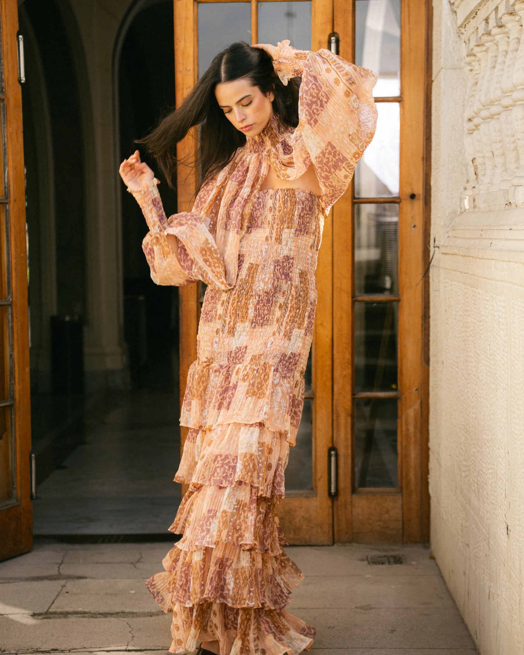 Vestido Panal Carmen Manguitas Peach Plisado