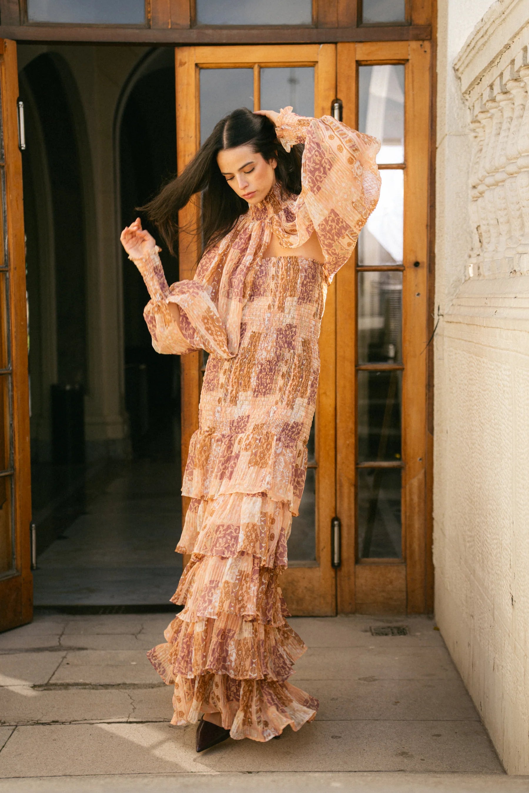 Vestido Panal Carmen Manguitas Peach Plisado
