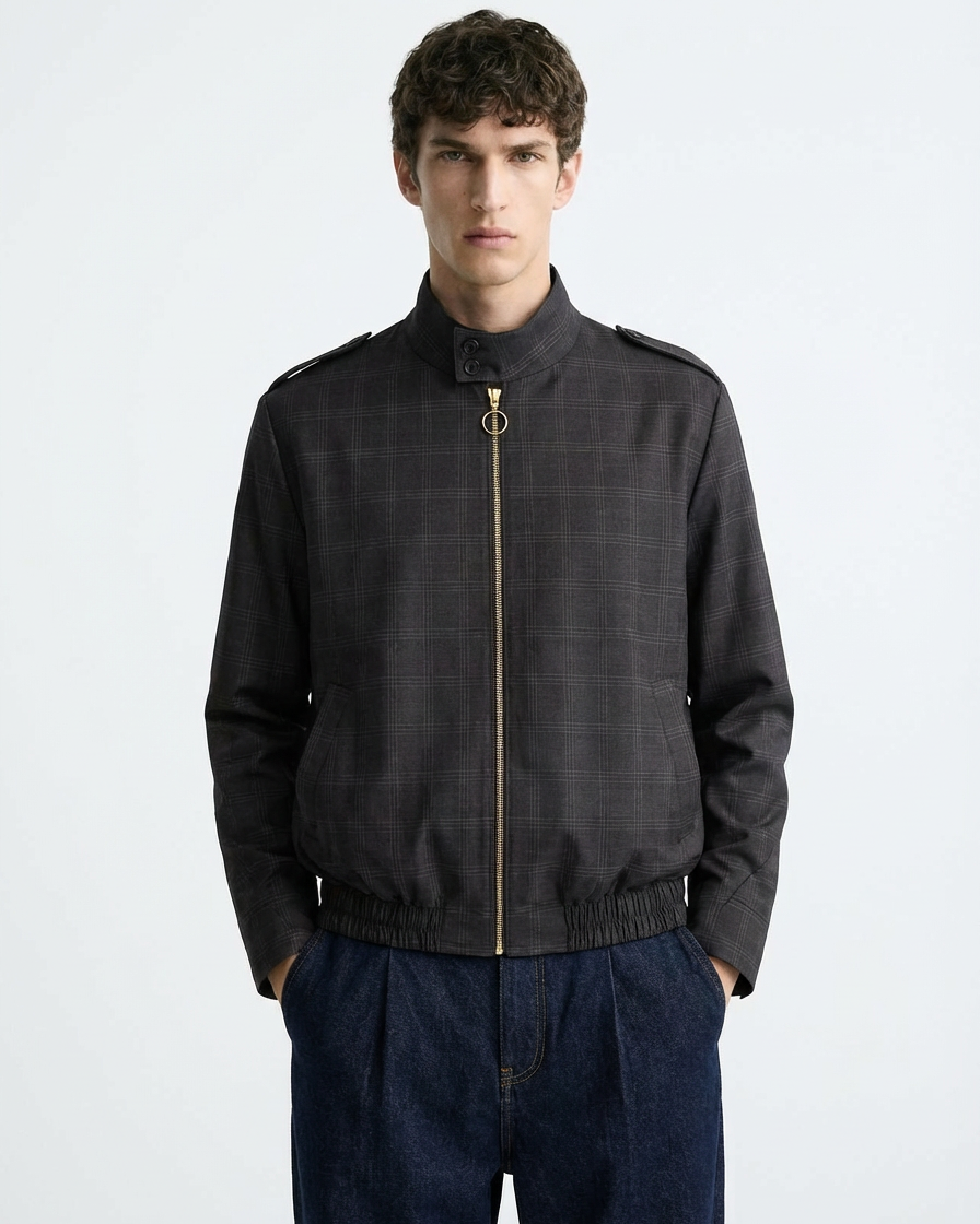 Bomber Gris Cuadros Textura Liviana