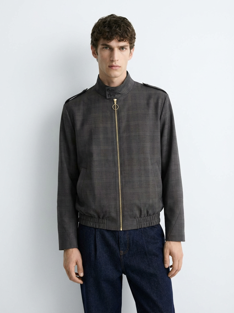 Bomber Gris Cuadros Textura Liviana