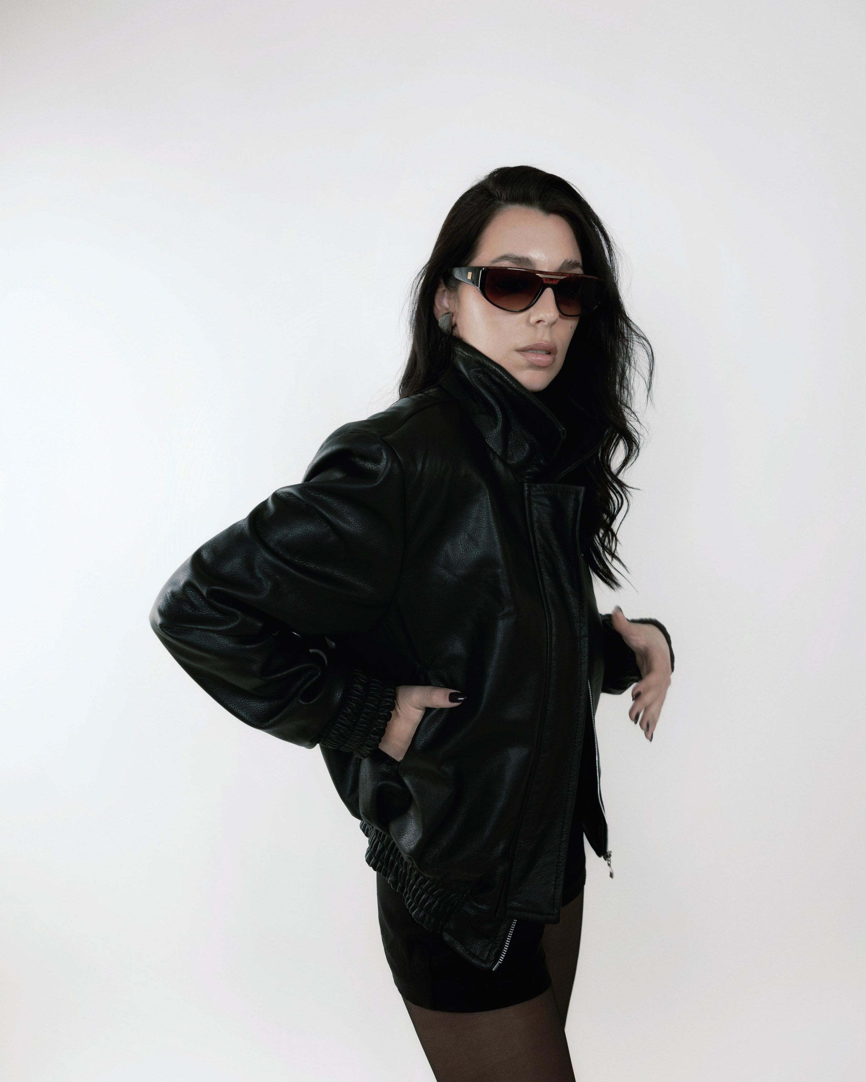 Leather Bomber Jacket Negro