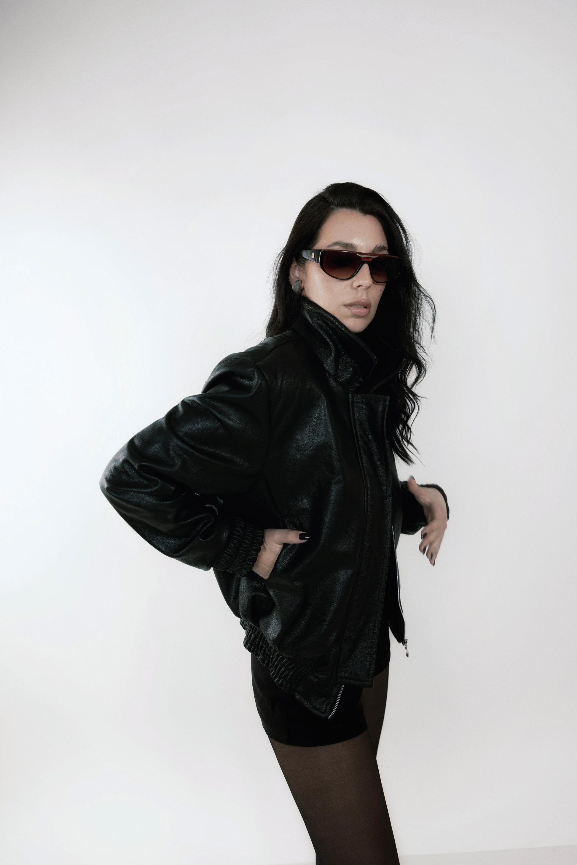 Leather Bomber Jacket Negro